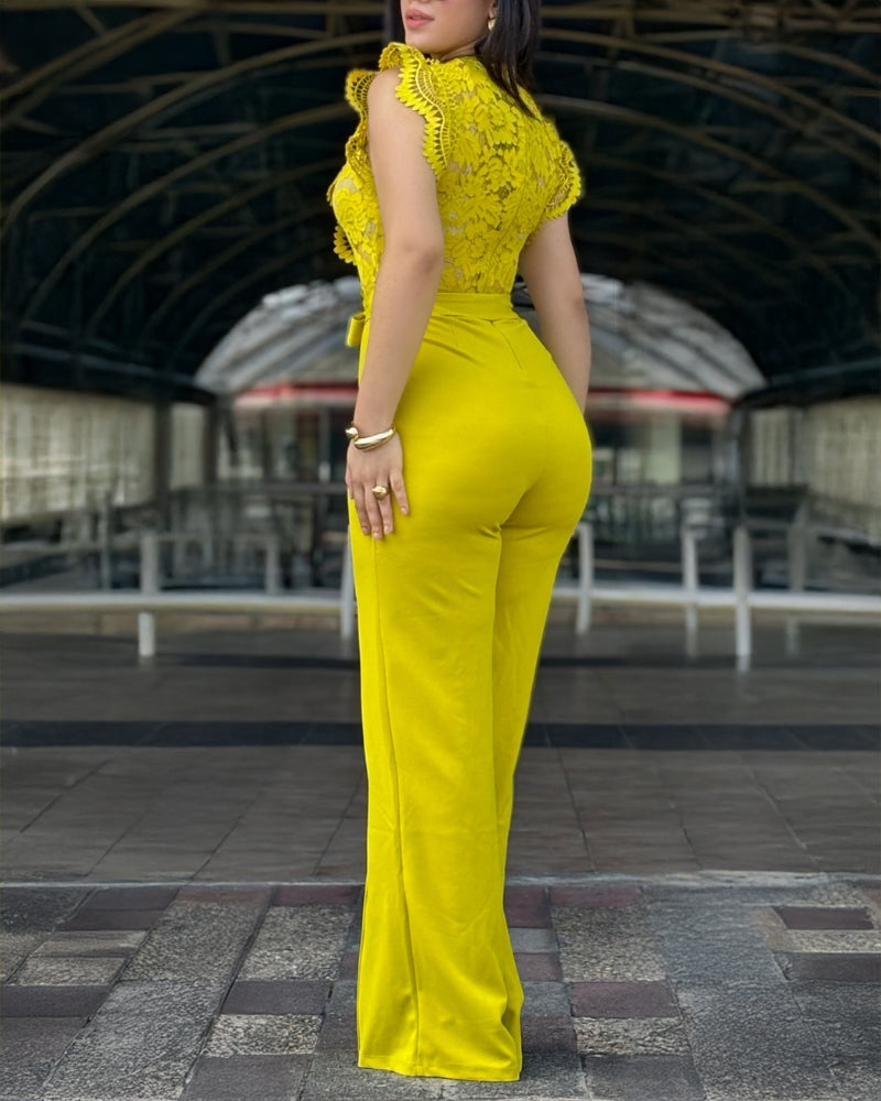 V Neck Scallop Trim Sleeve Lace Patchwork Bow Tie Waist Jumpsuit Casual Seam Front Zipper Back Wide Leg Jumpsuit