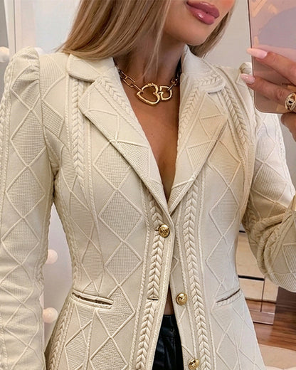 Women's Elegant Argyle Textured Blazer Slim Fit Puff Sleeve Suit Jacket Gold Button Work Office Commuter Blazer with Pockets