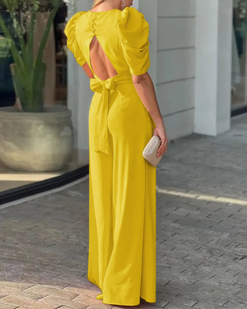 Puff Sleeve Plunge Wide Leg Jumpsuit