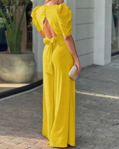 Puff Sleeve Plunge Wide Leg Jumpsuit