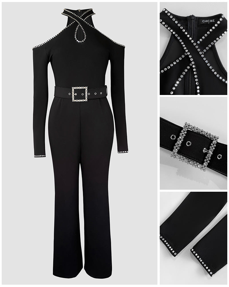 Rhinestone Decor Halter Cold Shoulder Long Sleeve Overalls Hollow-out Front Zipper Back Jumpsuit with Belt