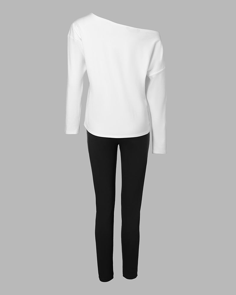 2 Pieces Outfit Nope. Not Today Slogan Print Skew Neck Long Sleeve Pullover Top And Casual Drawstring Stretchy Waist Slim Fit Pants Set