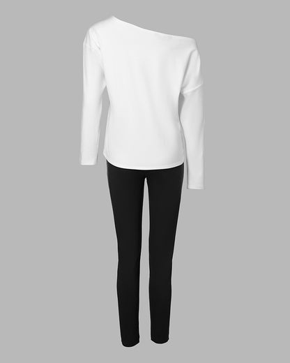 2 Pieces Outfit Nope. Not Today Slogan Print Skew Neck Long Sleeve Pullover Top And Casual Drawstring Stretchy Waist Slim Fit Pants Set