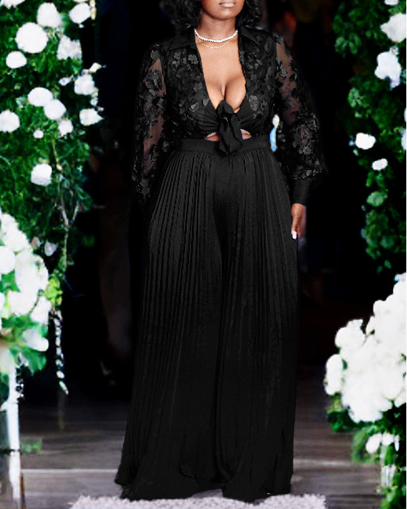 Jacquard Sheer Mesh Patch Turn-down Collar Jumpsuit Elegant Waist Tied Detail Pleated Flare Romper