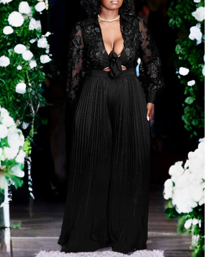 Jacquard Sheer Mesh Patch Turn-down Collar Jumpsuit Elegant Waist Tied Detail Pleated Flare Romper