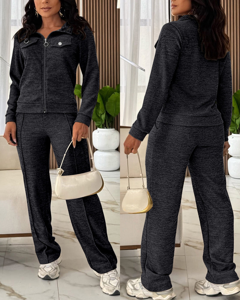 Women's Casual Tracksuit Set Zip Up Long Sleeve Lapel Jacket and High Waisted Straight Leg Pants Lounge Set with Pockets