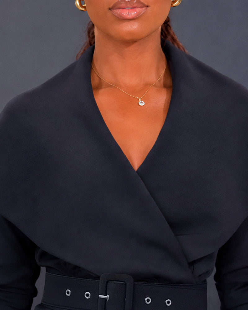 Women's Lapel Wrap V-Neck Long Sleeve High-Waist Wide-Leg Jumpsuit with Belt