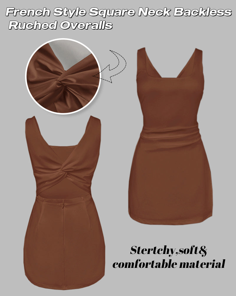 French Style Square Neck Backless Zipper Back Overalls Twist Back Ruched Slim Fit Slit Faux Two-Piece Skort Romper