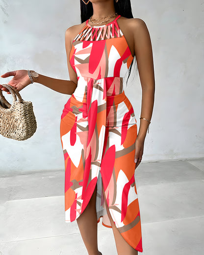 Colorblock All Over Print Halter Tie Hollow-out Criss Cross Spliced Front Ruched Dress Casual Draped Slit Front Vacation Dress
