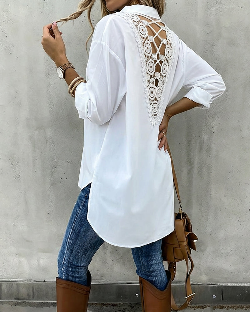 Turn-down Collar Long Sleeve Guipure Lace & Sheer Mesh Spliced Back Curved Hem Shirt Casual Button Front High-Low Hem Top
