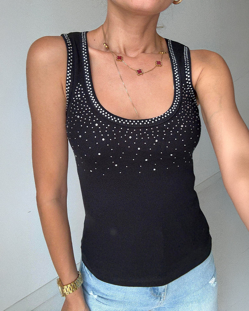 Rhinestone Decor U-Neck Sleeveless Slim Fit Ribbed Tank Top