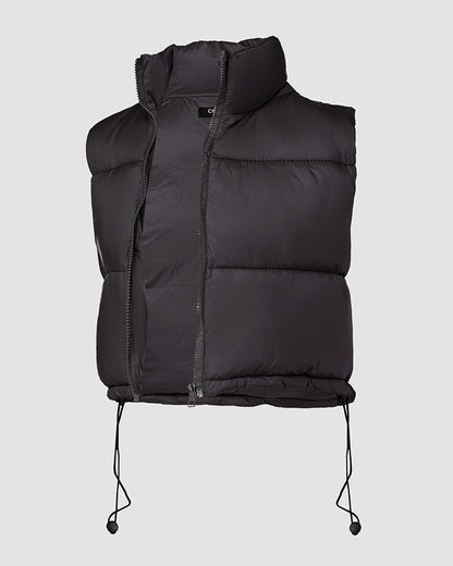 Stand Collar Zip Up Lightweight Cropped Puffer Vest Sleeveless Drawstring Hem Padded Coat