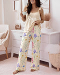 Women's Frill Trim Cami Pajama Set Letter Ruffle Spaghetti Strap Top and Floral Wide Leg Pants Casual Lounge Set with Pockets