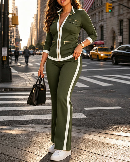 Women's 2 Piece Set Two-Way Zipper Front Stand Collar Top and High Waist Straight Leg Pants Casual Tracksuit