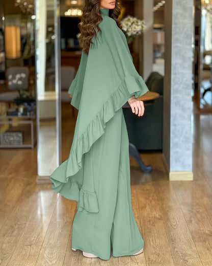 2 Pieces Outfit High Neck Hollow-out Back Ruffles High-Low Hem Cape and Casual Elastic Back Waist Wide Leg Pants Set