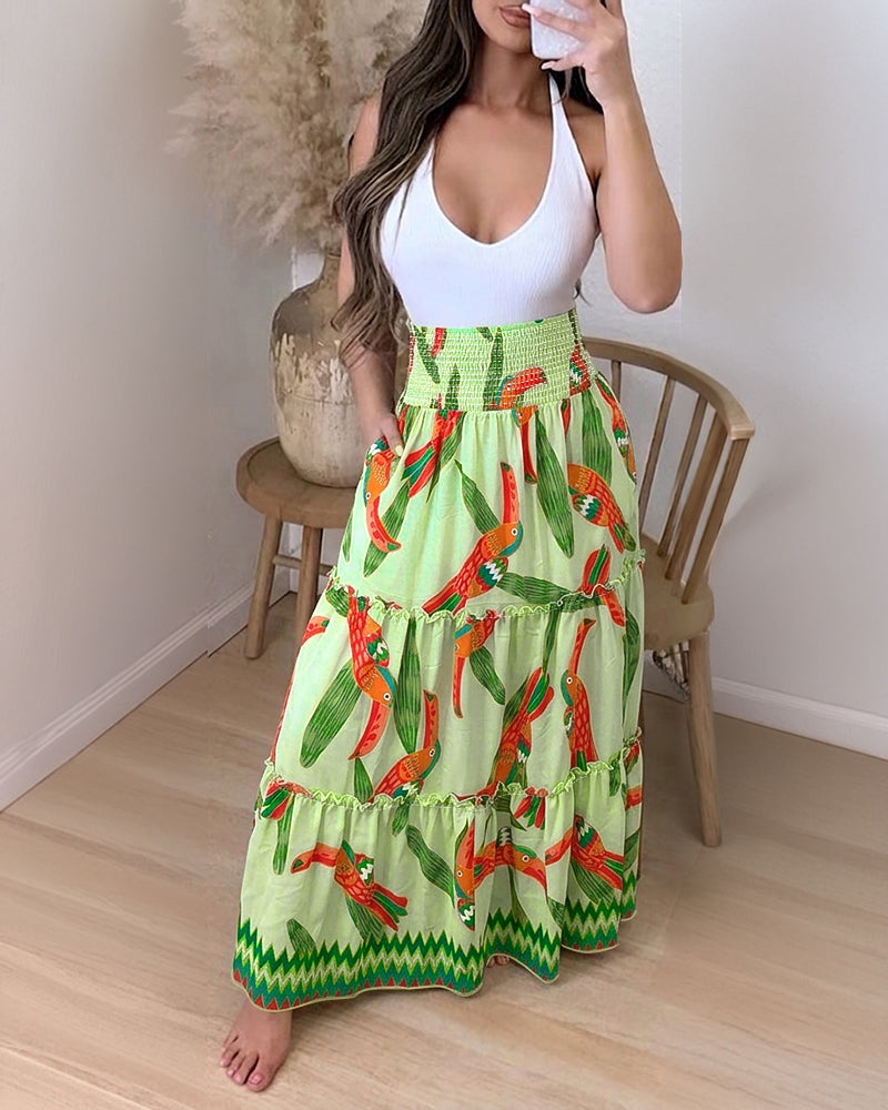 Women's Tropical Toucan Maxi Skirt Shirred High Waist Ruffle Boho Skirt Flowy A-Line Skirt with Pockets