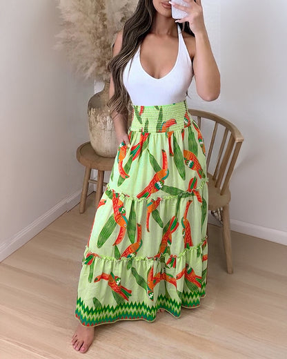 Women's Tropical Toucan Maxi Skirt Shirred High Waist Ruffle Boho Skirt Flowy A-Line Skirt with Pockets