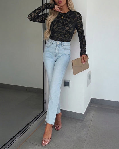 Women's Floral Sheer Lace Top Long Sleeve Crewneck Fitted Mesh Tee with Thumb Holes