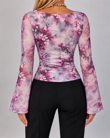 Women's Floral Print Gold Foil Sheer Mesh Boat Neck Flare Sleeve Ruched Top