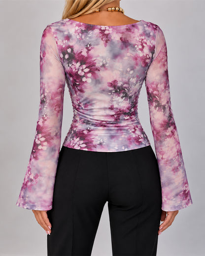 Women's Floral Print Gold Foil Sheer Mesh Boat Neck Flare Sleeve Ruched Top
