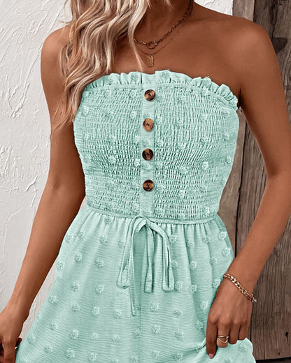 Polka Dot Bandeau Sleeveless Shirred Rompers Casual Button Decor Tied Detail Short Jumpsuit