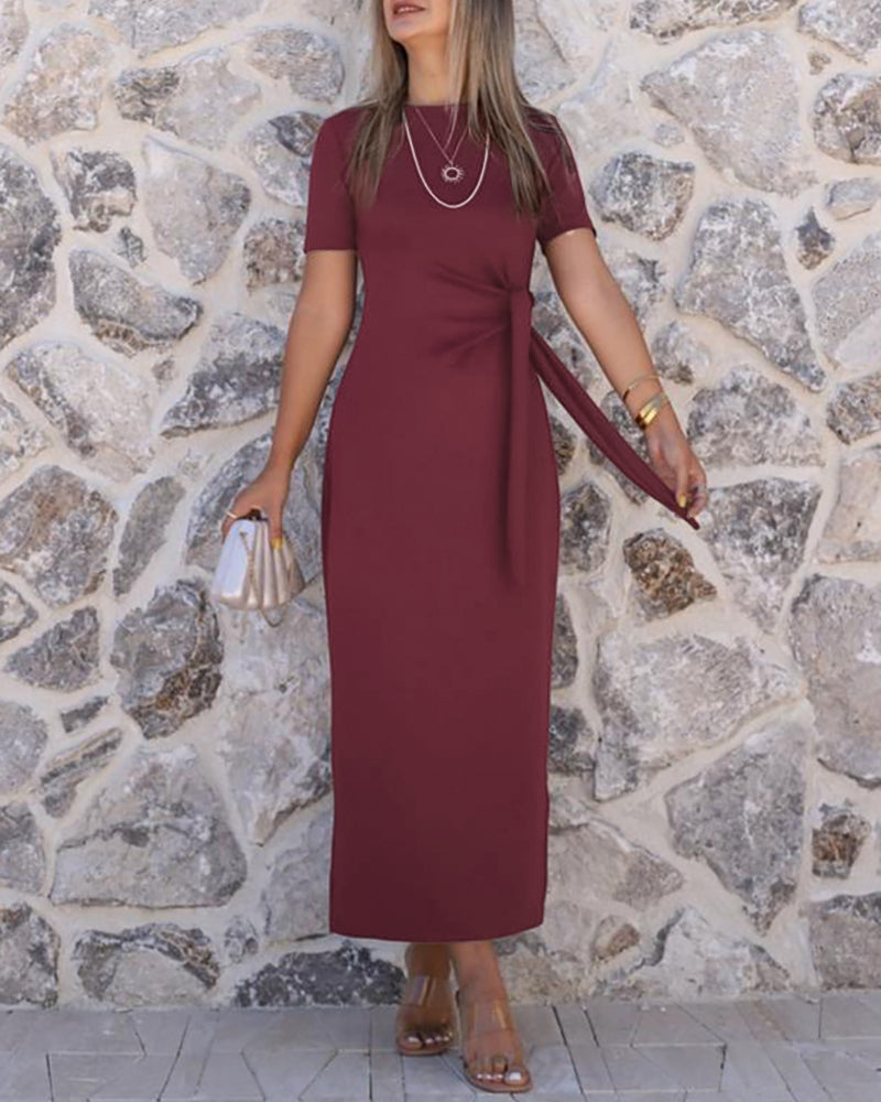 Women's Crewneck Short Sleeve Side Tie Knot Ruched Bodycon Dress Elegant Side Slit Maxi Dress