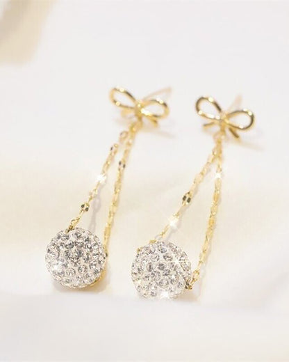 1Pair Bowknot Ball Pattern Rhinestone Drop Earrings