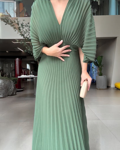 Deep V-Neck Batwing Sleeve High Waist Pleated Maxi Dress Casual Cinched Waist Backless Tied Detail Zipper Back Evening Dress