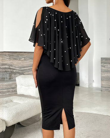 V-Neck Cold Shoulder Slit Back Party Dress Casual Rhinestone & Pearls Decor Asymmetrical Ruffle Chiffon Cape Design Faux Two-Piece Dress