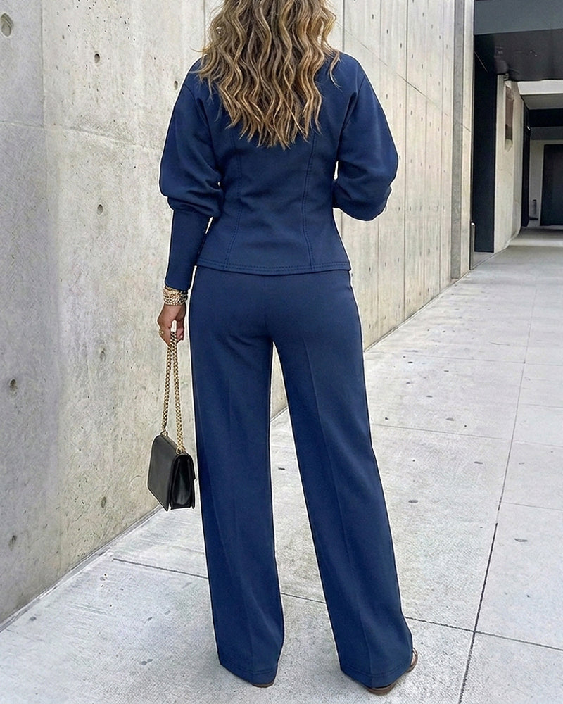 Women's 2 Piece Set V-Neck Cinched Waist Gigot Sleeve Top and High Waist Wide Leg Pants Elegant Set