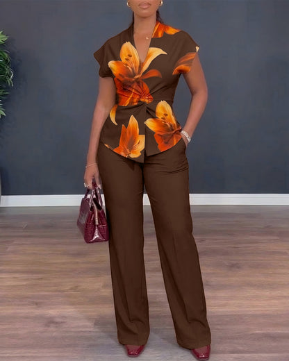 Women's Two Piece Outfit Vintage Floral Twist Front Top and Straight Leg Pants Set
