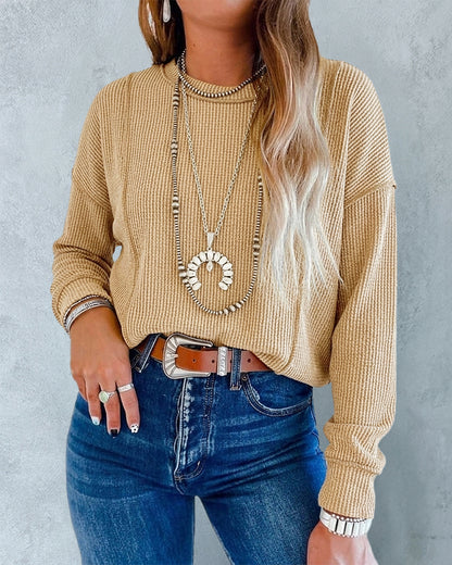 Women's Ribbed Knit Long Sleeve Top Casual Seam Crewneck Pullover