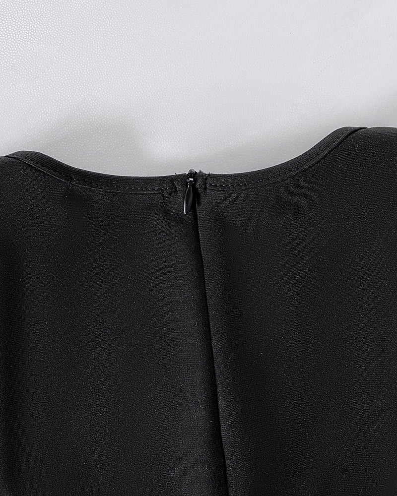 Sequin Bowknot Decor Contrast Sequin Paneled Square Neck Long Sleeve Jumpsuit Casual Cinched Waist Wide Leg Jumpsuit