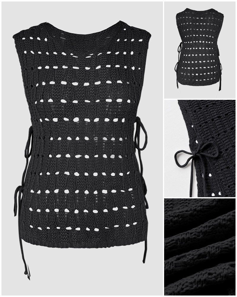 Round Neck Sleeveless Hollow-out Crochet Sweater Casual Tie Side Breathable Crop Top