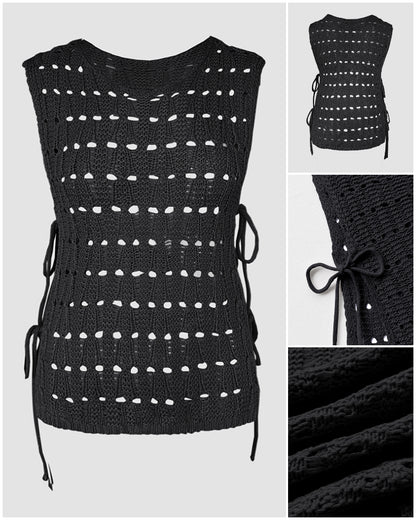 Round Neck Sleeveless Hollow-out Crochet Sweater Casual Tie Side Breathable Crop Top