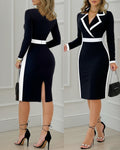 Contrast Paneled Notched Collar Overlap V-Neck Slit Back Blazer Dress Cinched Waist Zipper Back Commuting Dress