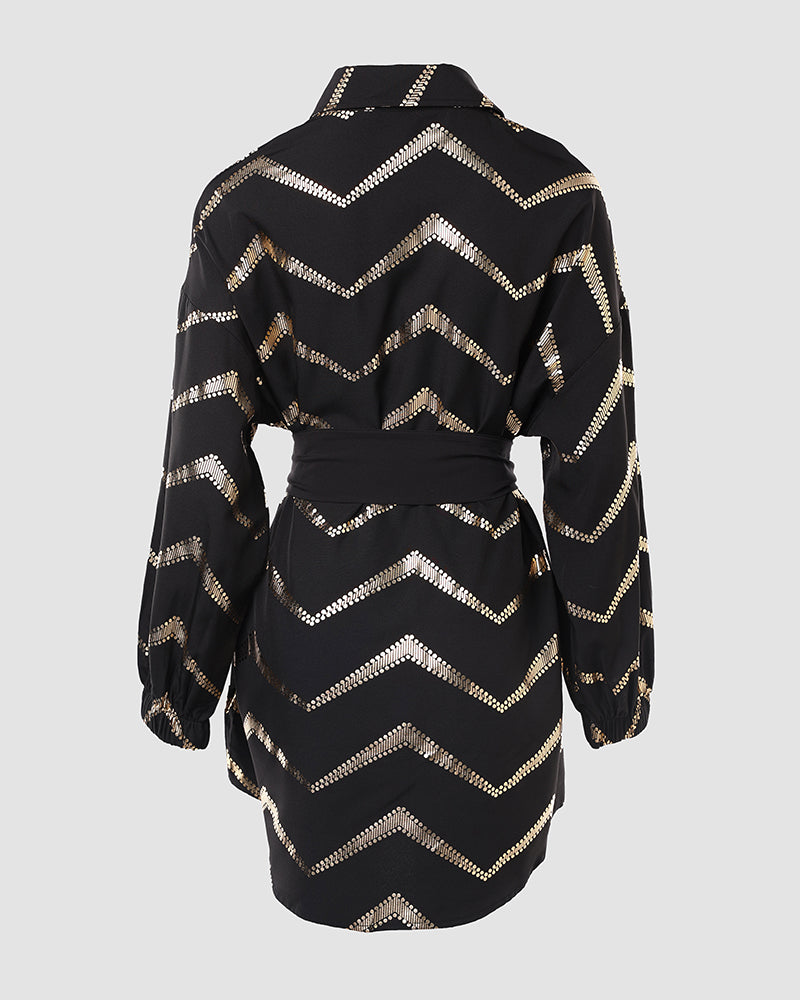 Bronzing Chevron Print Turn-down Collar Tied Detail Shirt Dress