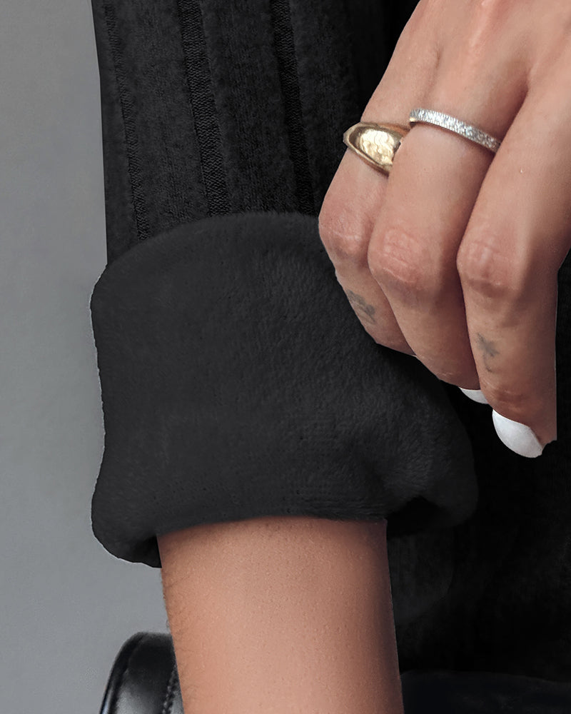 Polo V-Neck Long Sleeve Fleece Lined Bodycon Dress Slit Button Decor Ribbed Mini Dress