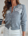 Floral Applique & Pearls Decor Round Neck Single Breasted Knit Cardigan Casual Crop Sweater Coat