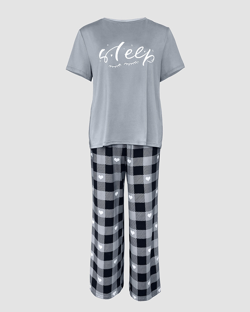 2 Pieces Outfit Cute Letter Print Short Sleeve T-shirt and Plaid Pants Set Loungewear