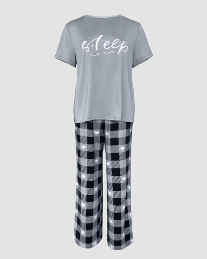 2 Pieces Outfit Cute Letter Print Short Sleeve T-shirt and Plaid Pants Set Loungewear