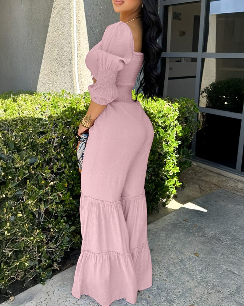 Square Neck Long Sleeve Drawstring  Shirred Jumpsuit