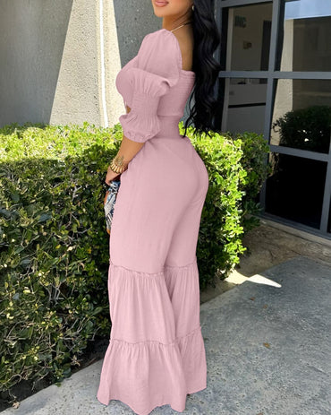 Square Neck Long Sleeve Drawstring  Shirred Jumpsuit