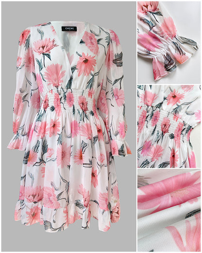 Floral Print Overlap Deep V-Neck Half Sleeve Shirred Waist A Line Dress Casual Flared Cuffs Ruffle Hem Chiffon Dress