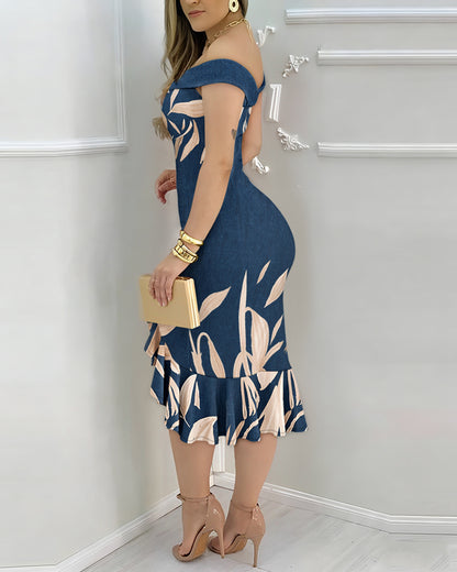 Women's Off Shoulder Midi Dress Leaf Print Bodycon Mermaid Dress Ruffle Hem Slit Party Cocktail Dress