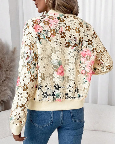 Floral Print Zip Up Water-Soluble Lace Baseball Coat Casual Hollow-out Bomber Crop Jacket