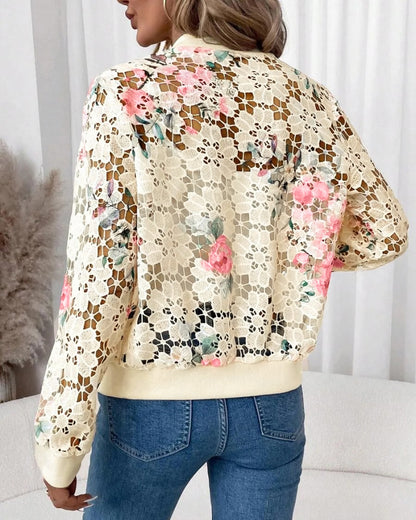 Floral Print Zip Up Water-Soluble Lace Baseball Coat Casual Hollow-out Bomber Crop Jacket
