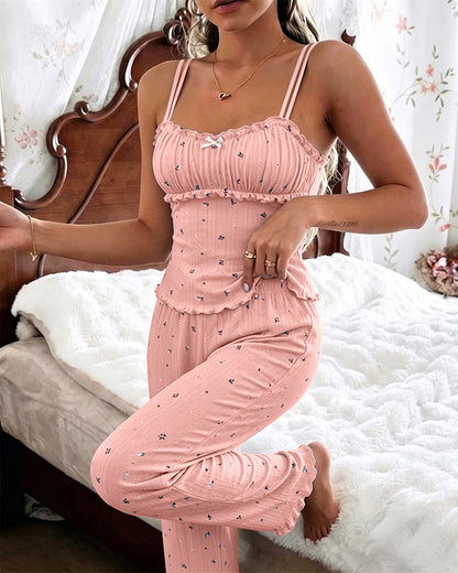 Women's Ditsy Floral Print Pajama Set Ruched Cami Top and Straight Leg Pants Casual Frill Hem Lounge Set with Pockets