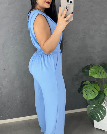 V Neck Lace-Up Waist Meatl Buckle Jumpsuit Casual Shirred Wide Leg Romper