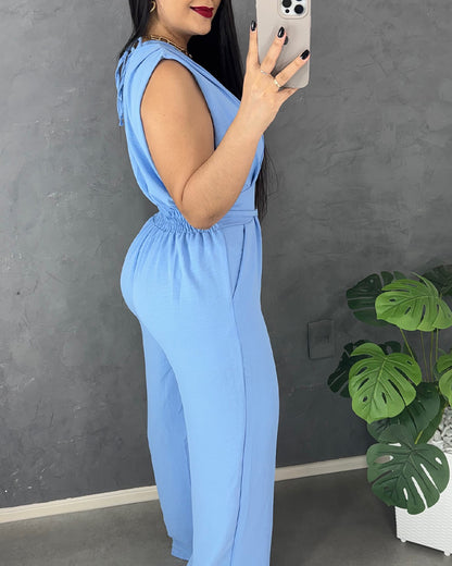 V Neck Lace-Up Waist Meatl Buckle Jumpsuit Casual Shirred Wide Leg Romper